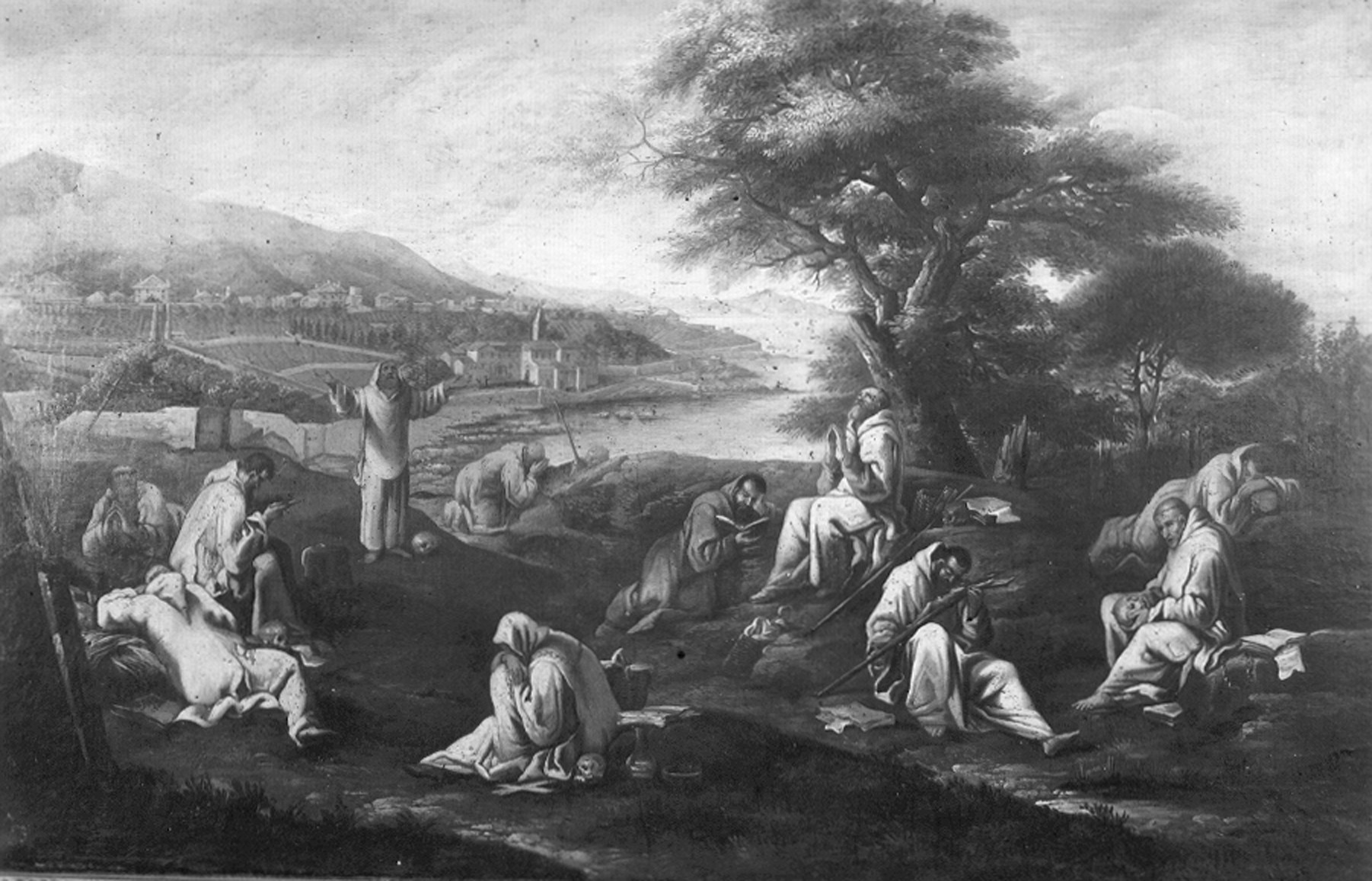 Autore ignoto. Paesaggio con frati in meditazione - Genova - Museo dell’Accademia Ligustica di Belle Arti (negativo) di Foto cresta (prima metà XIX)