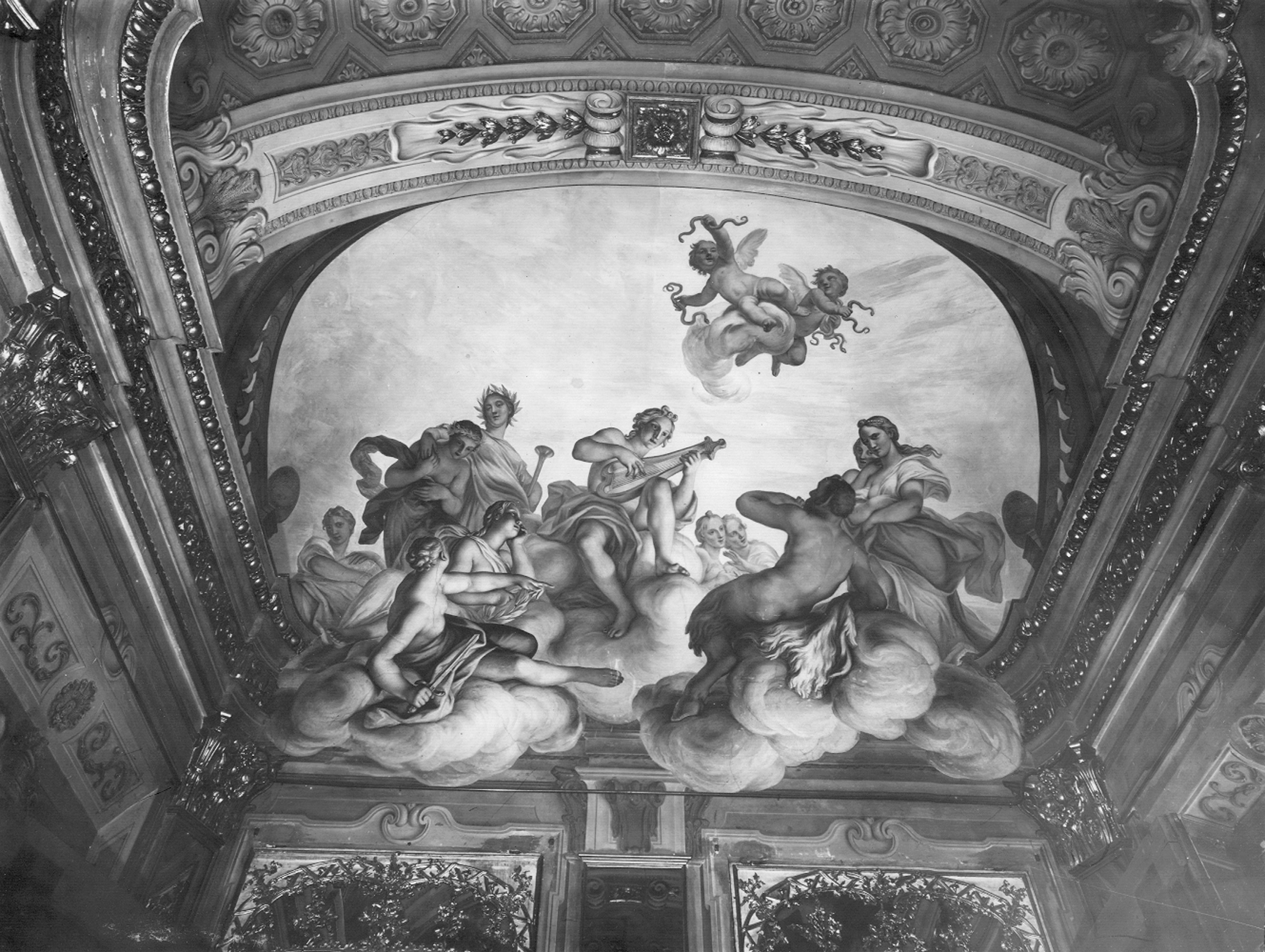 Parodi, Domenico. Affresco della campata ovest della volta della Galleria degli Specchi, Apollo e Marsia - Genova - Museo di Palazzo Reale (negativo) di Foto Cresta (metà XX)