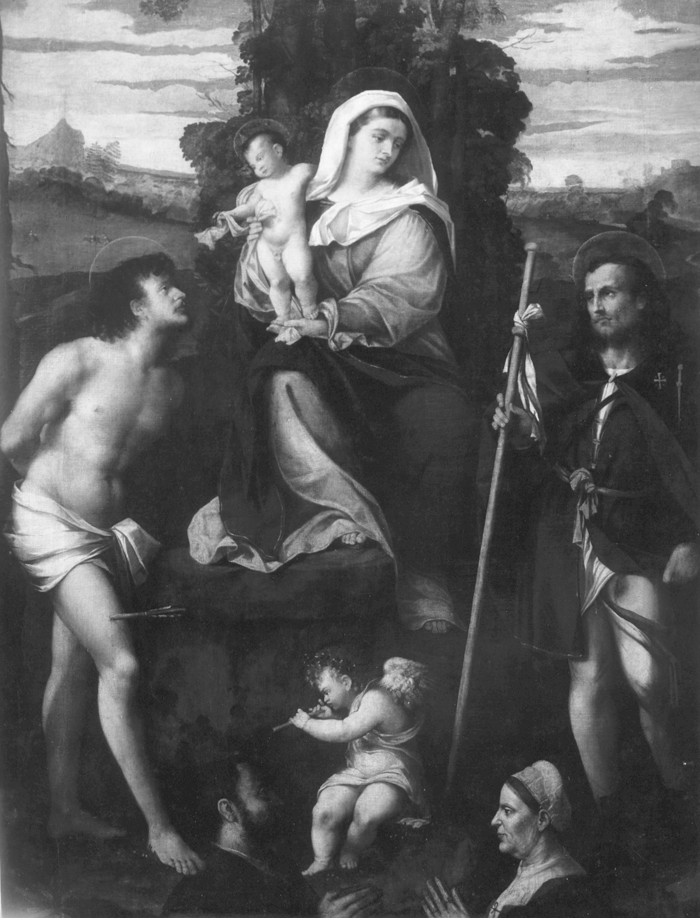 Autore ignoto. Madonna con Bambino, Santi e donatori - Genova - Chiesa della Ss. Annunziata (negativo) di Foto Gasparini (prima metà XX)