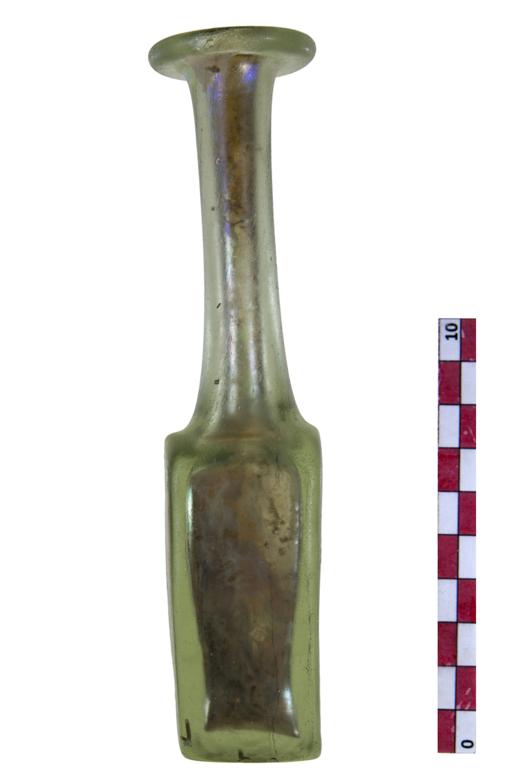 bottiglia/ mercuriale, corpo a sezione quadrata, Isings 84 di MACN (officina) - ambito romano, medio imperiale (metà/ fine I-III)