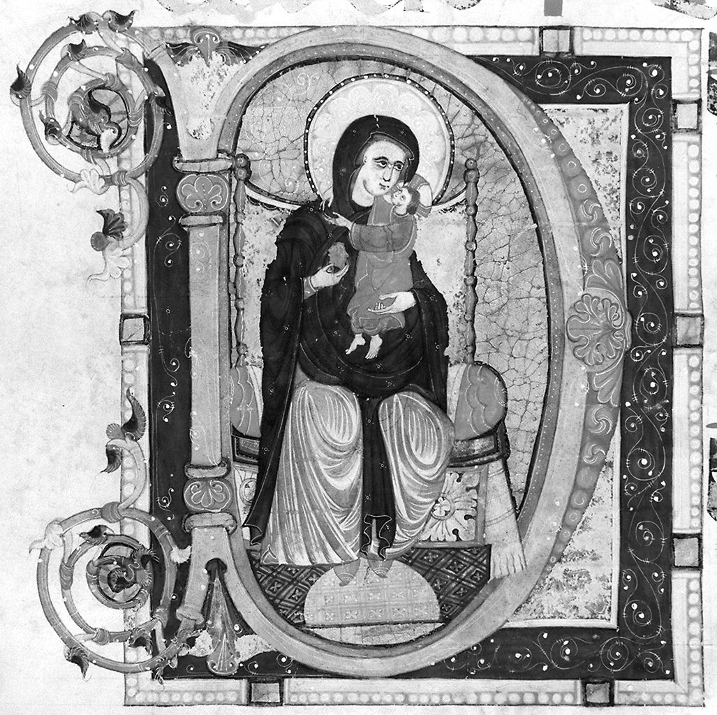 lettera D, Madonna con Bambino in trono (miniatura) - ambito fiorentino-aretino (sec. XIII)