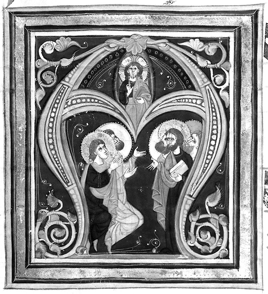 lettera A, Cristo Redentore benedicente/ Santi (miniatura) - ambito fiorentino-aretino (sec. XIII)