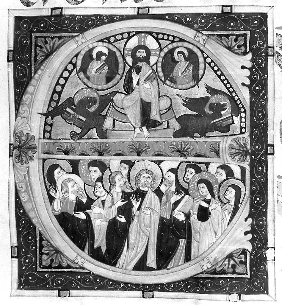 lettera E, Cristo Redentore e i simboli degli evangelisti/ apostoli (miniatura) - ambito fiorentino-aretino (sec. XIII)