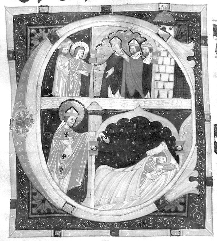 lettera E, San Nicola di Bari (miniatura) - ambito fiorentino-aretino (sec. XIII)