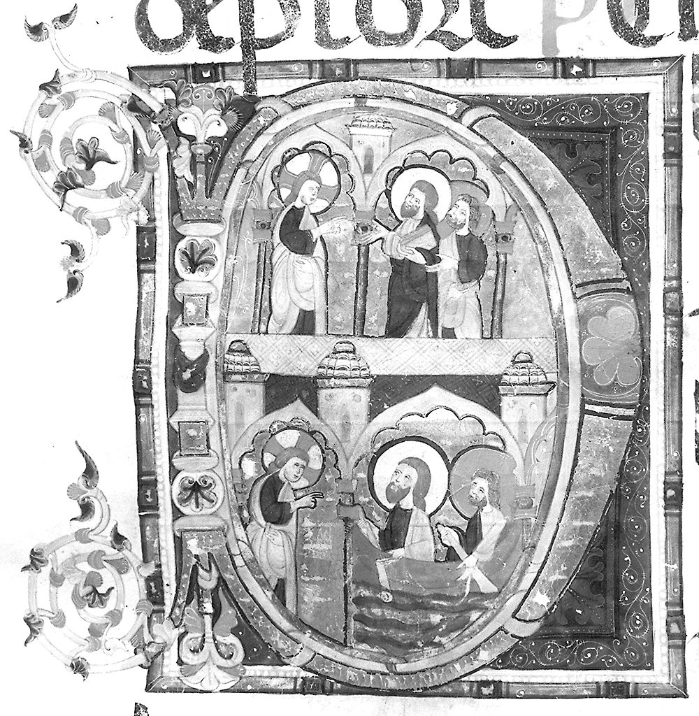 lettera D, vocazione di Sant'Andrea e San Pietro (miniatura) - ambito fiorentino-aretino (sec. XIII)