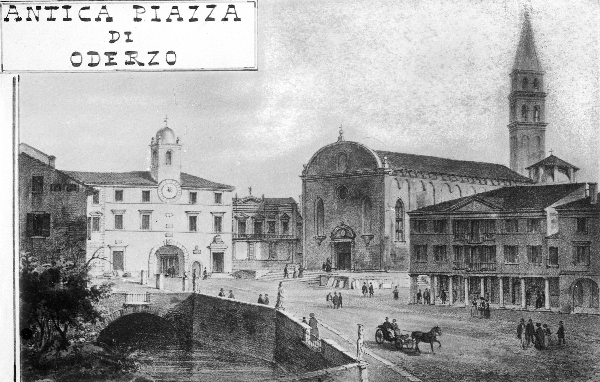 Oderzo. La piazza e la torre dei Pretori (da vecchia fotografia) (negativo) di Gabinetto fotografico (XX)