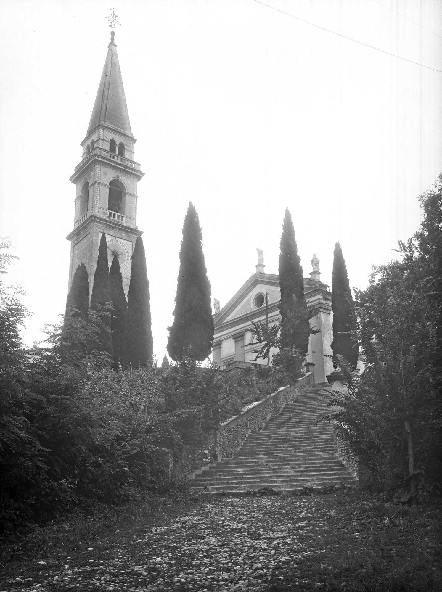 Montebelluna. Duomo. Vedute esterne con cipressi (negativo) di Gabinetto fotografico (XX)