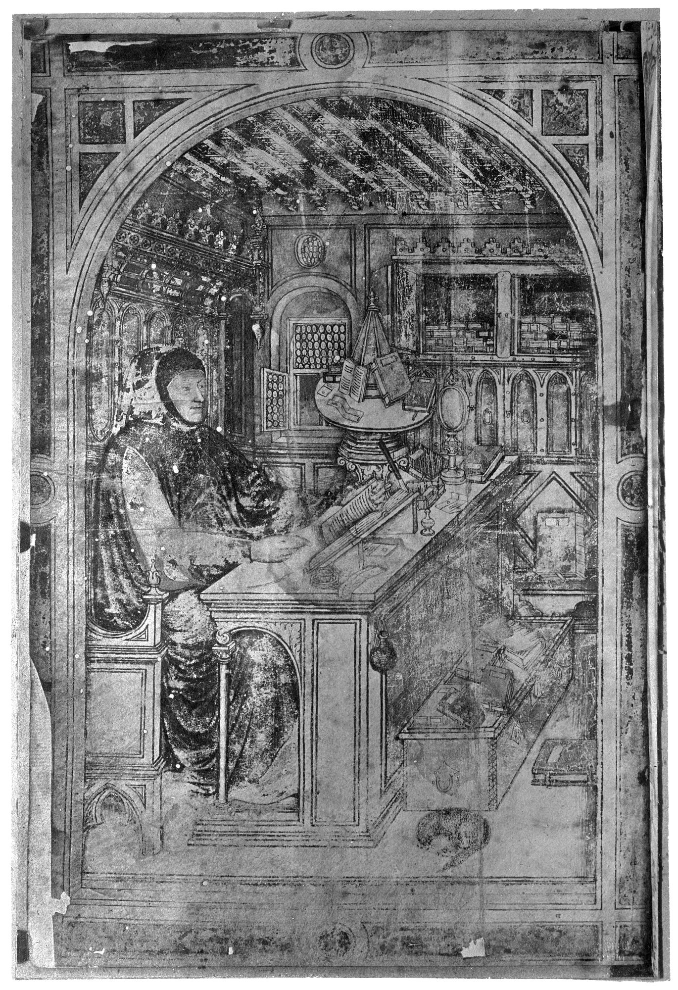 Arquà Petrarca. Da una miniatura in un codice della biblioteca di Darnistadi riproducente l'affresco nella sala dei Giganti a Padova prima delle manomissioni (negativo) di Gabinetto fotografico (XX)