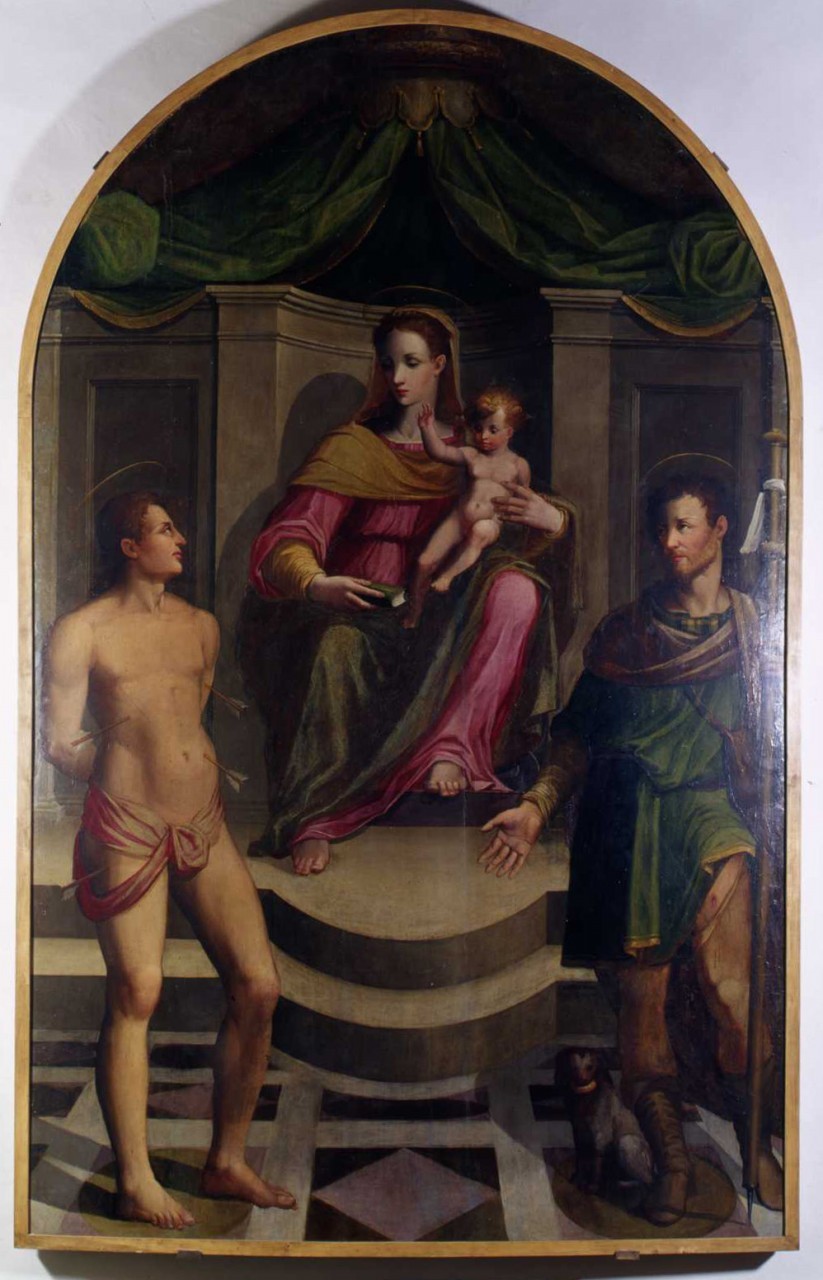 Madonna con Bambino in trono tra S. Sebastiano e S. Rocco (dipinto) di Gheri Cosimo (sec. XVI)