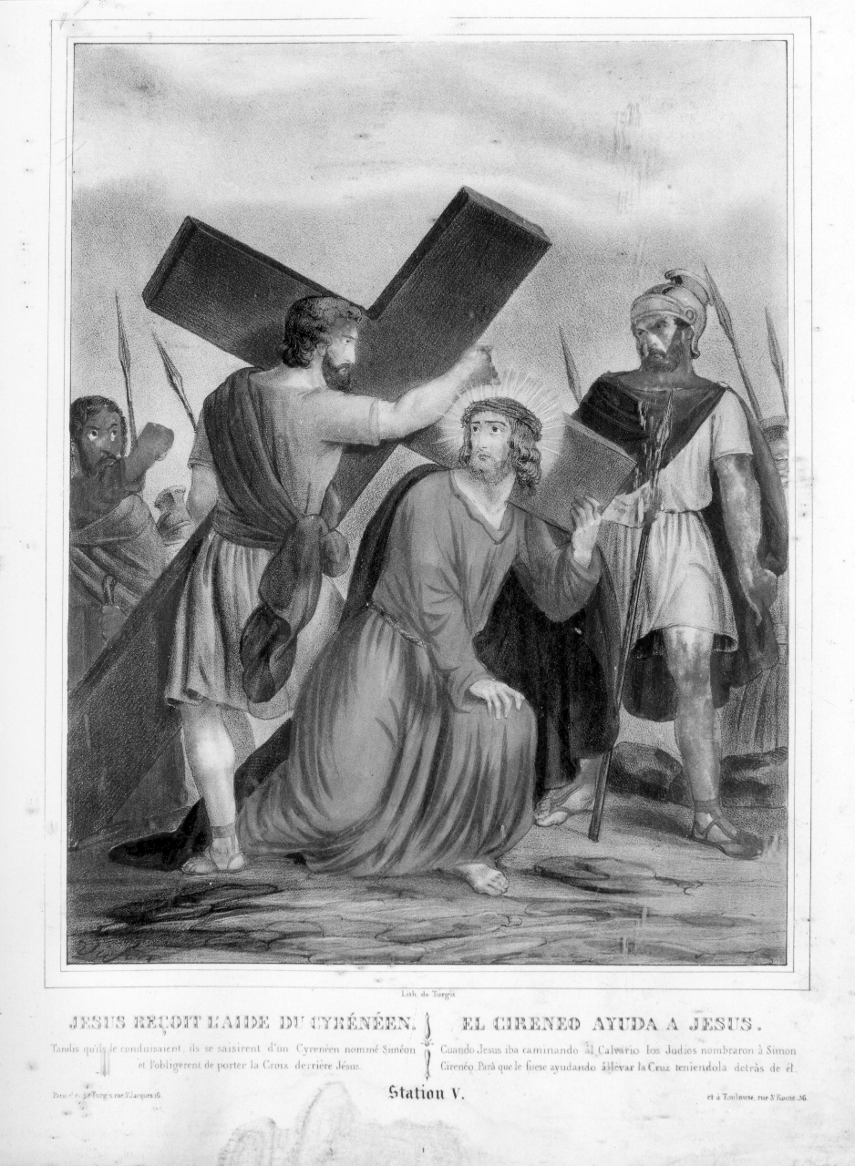 Stazione V: Gesù aiutato da Simone il Cireneo a portare la croce (stampa, serie) di Victor H (XIX)