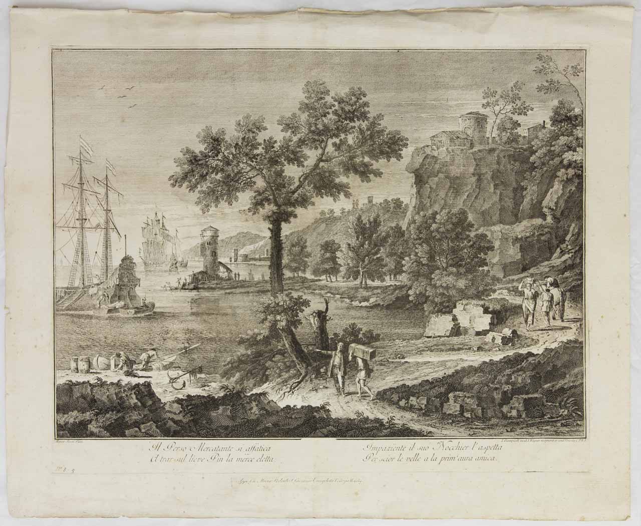 paesaggio con imbarcazioni e braccianti al lavoro lungo la riva (stampa, serie) di Giampiccoli Giuliano, Ricci Marco - ambito veneto (XVIII)