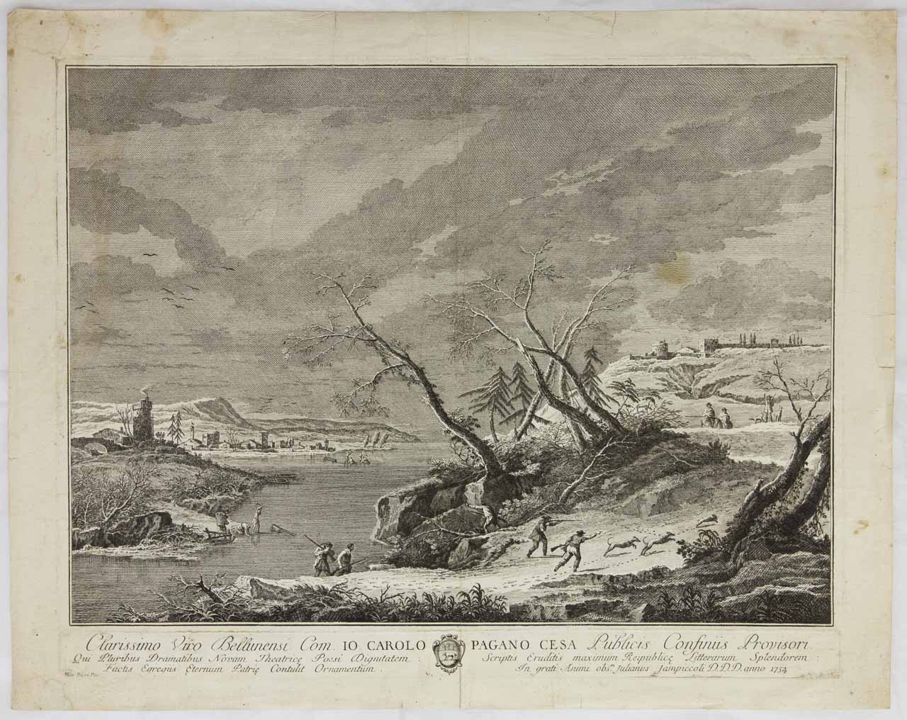 Paesaggio invernale con cacciatori (stampa) di Giampiccoli Giuliano, Ricci Marco - ambito veneto (secondo quarto XVIII)
