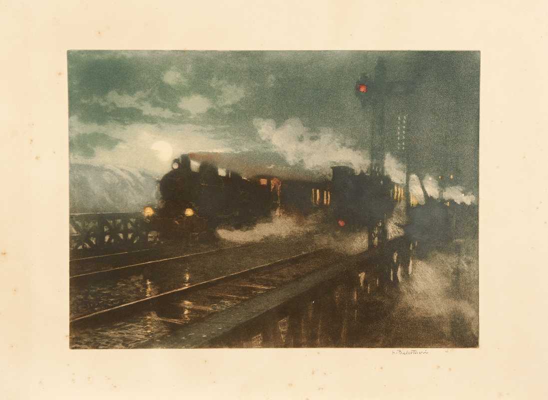 Treno di notte, paesaggio notturno (stampa) di Balestrieri Lionello (attribuito) (fine/inizio secc. XIX/ XX)