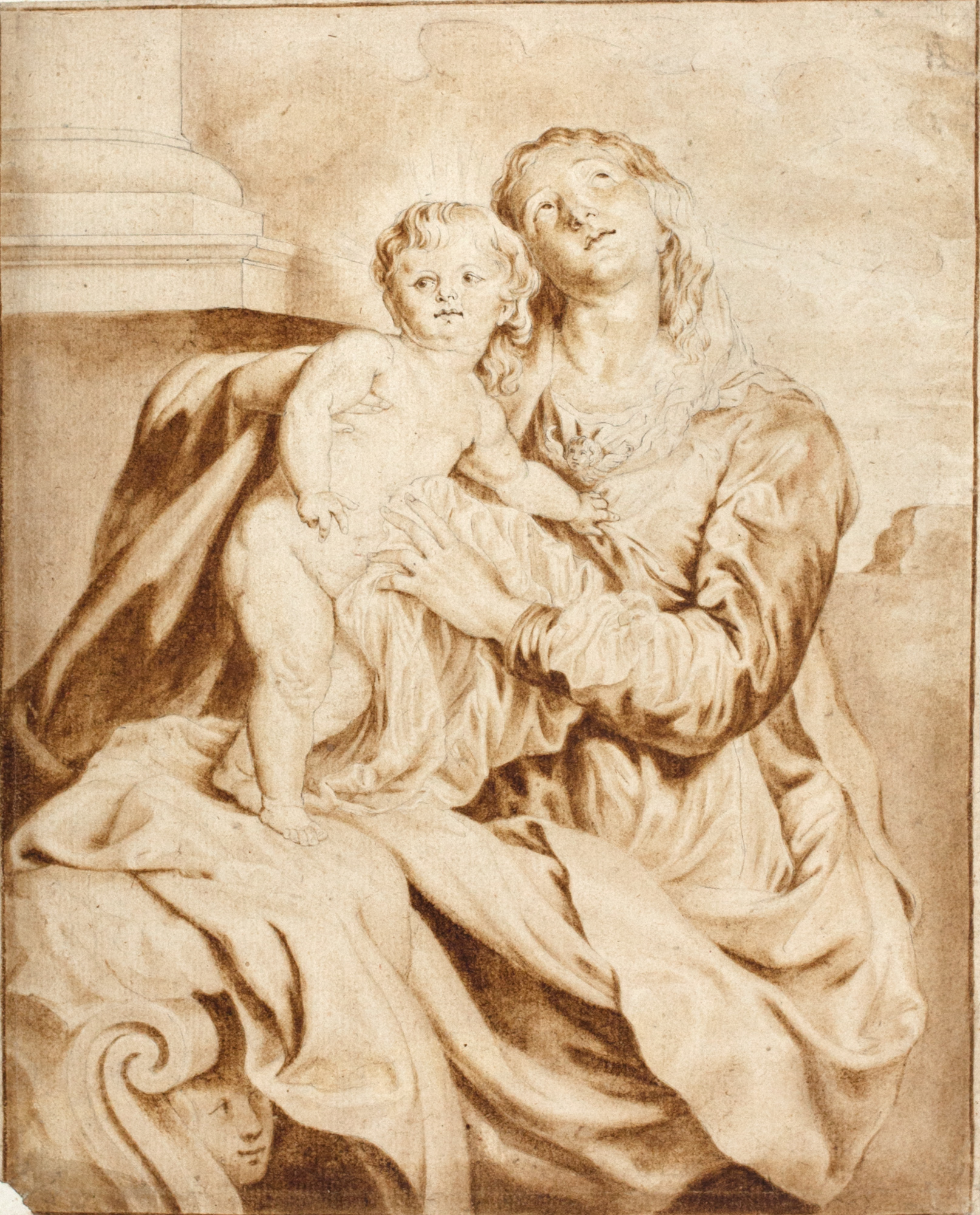 Madonna col Bambino, Madonna col Bambino (disegno, elemento d'insieme) - ambito fiammingo (prima metà Secolo XVII)