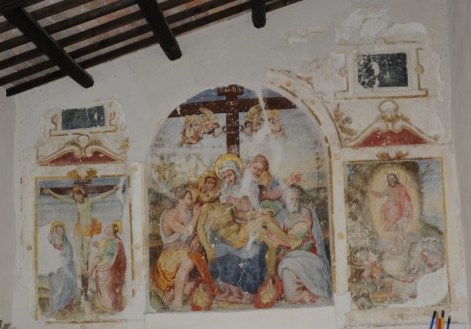 Deposizione dalla croce, Crocifissione, Resurrezione (dipinto - dipinto murale) di Carducci Michelangelo (attribuito) - ambito Italia centrale (seconda metà XVI)