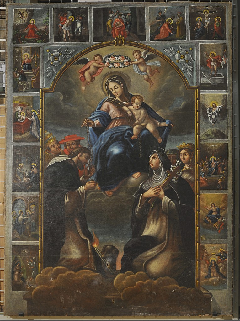 Madonna del rosario tra San Domenico di Guzman e Santa Caterina di Siena e quindici misteri del rosario (pala d'altare, opera isolata) - ambito Italia centrale (sec. XVII)