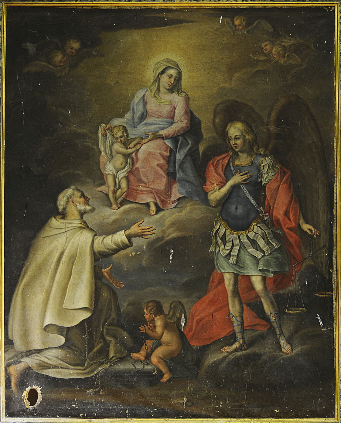 Madonna con Bambino tra San Leonardo di Limoges e San Michele arcangelo (pala d'altare, elemento d'insieme) - ambito Italia centrale (sec. XVII)