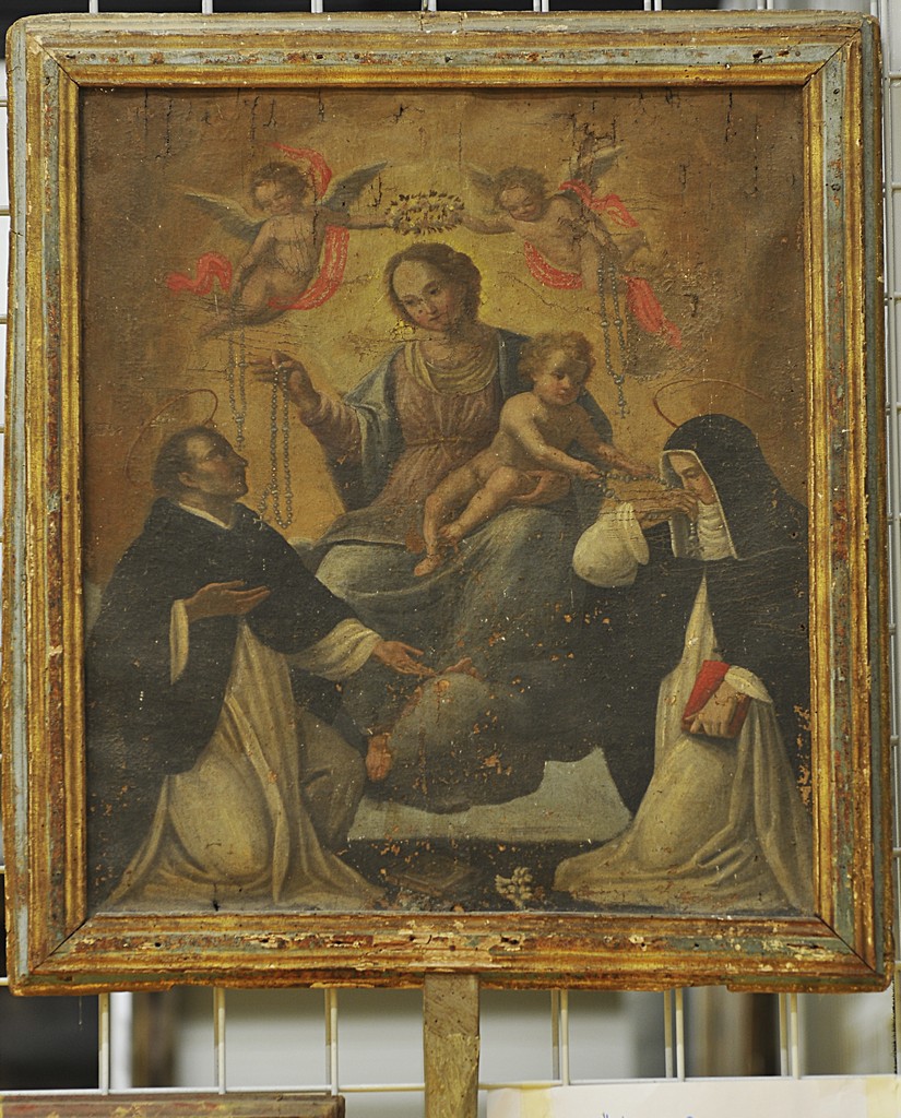Madonna del rosario con San Domenico di Guzman e Santa Caterina da Siena, Monogramma di Gesù con Cristo risorto (stendardo processionale, elemento d'insieme) - ambito umbro (sec. XVII)