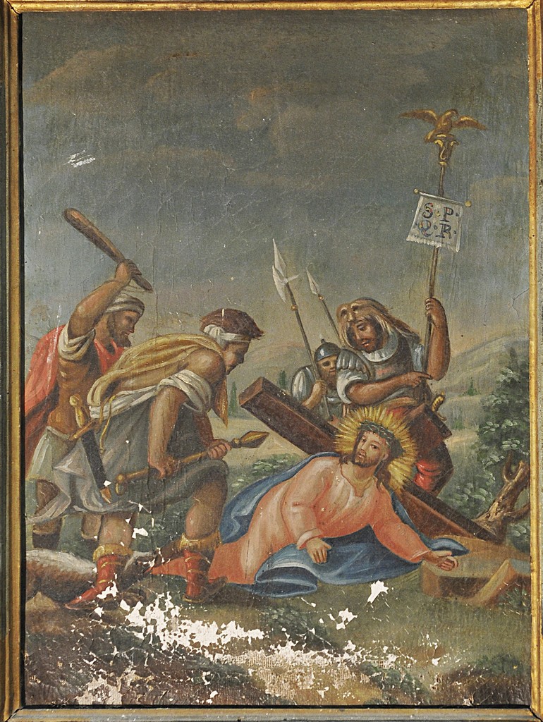 Stazione III: Gesù cade sotto la croce la prima volta (stazione della Via Crucis, elemento d'insieme) di Coccia Luigi (attribuito) (sec. XIX)