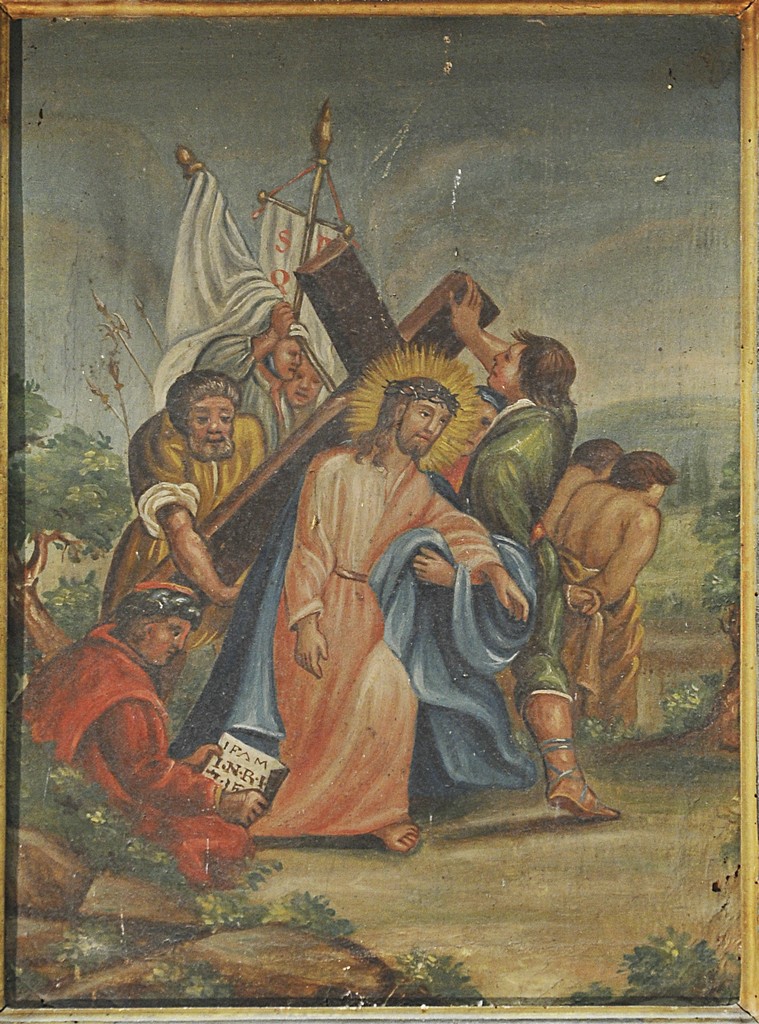 Stazione V: Gesù aiutato da Simone il Cireneo a portare la croce (stazione della Via Crucis, elemento d'insieme) di Coccia Luigi (attribuito) (sec. XIX)