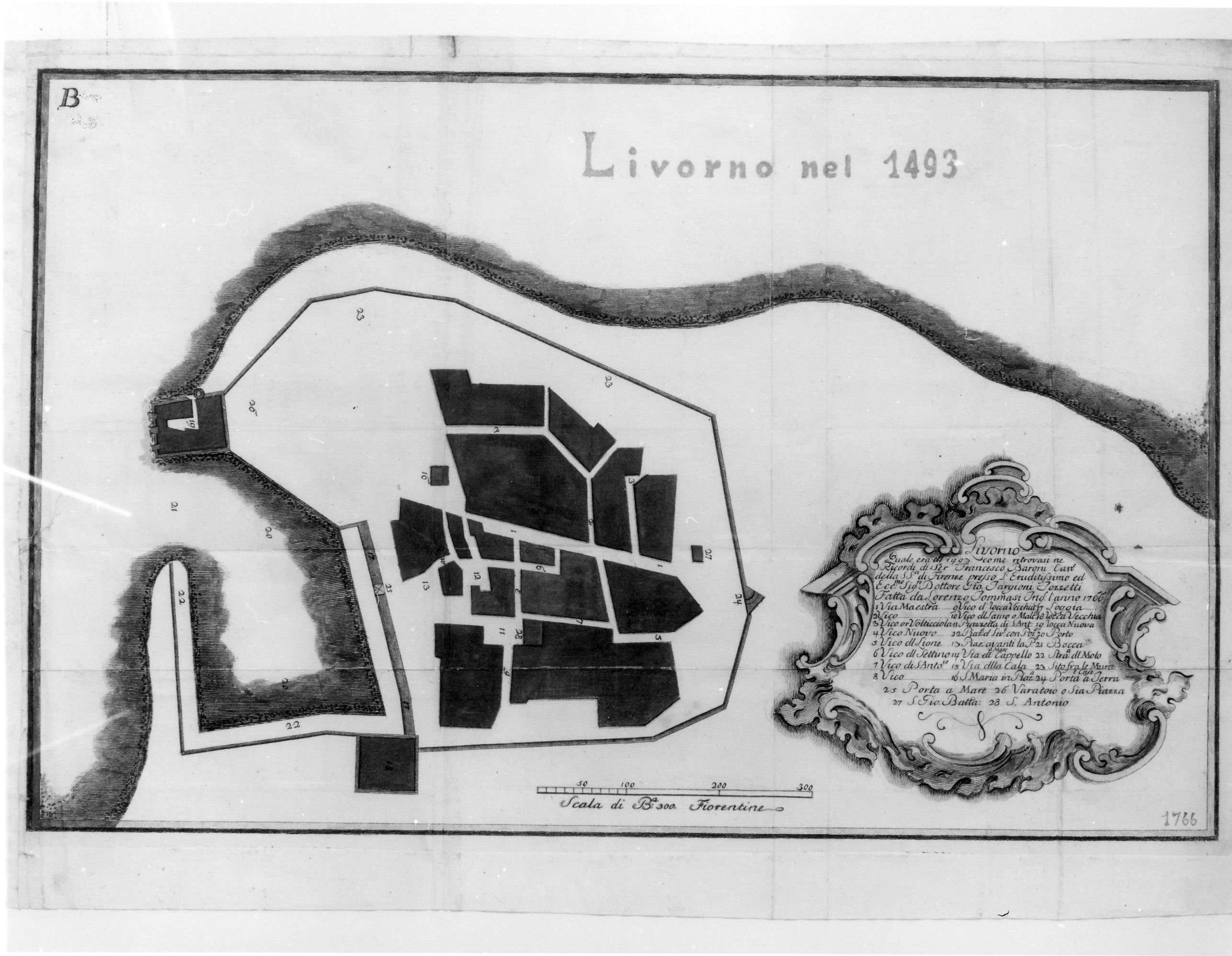 Livorno nel 1493, veduta di città (stampa) di Tommasi Lorenzo (sec. XVIII)