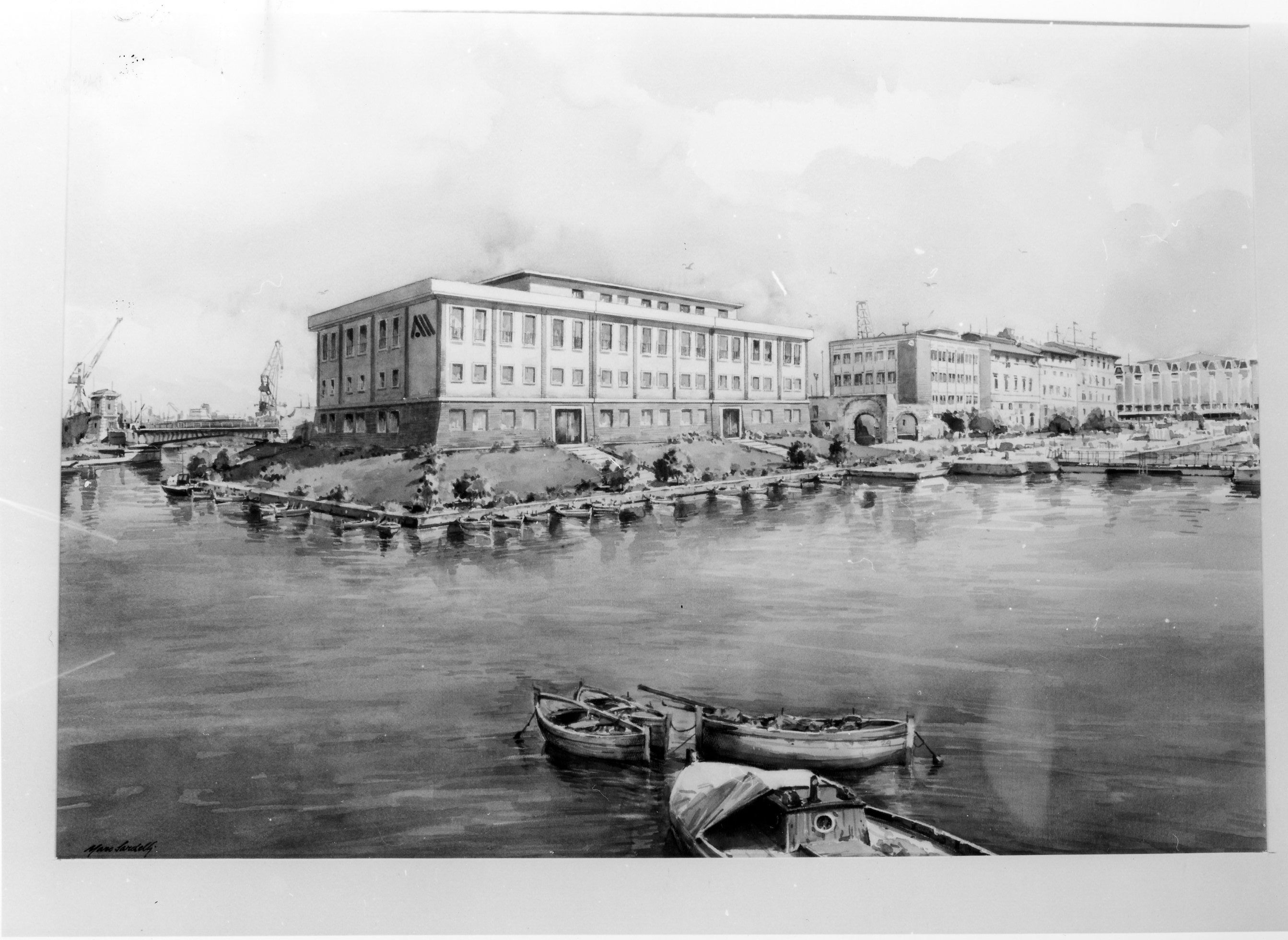 Porto di Livorno, progetto di un nuovo edificio A. M. M, veduta di città (stampa) di Sardelli Marcello detto Marc Sardelli (seconda metà sec. XX)