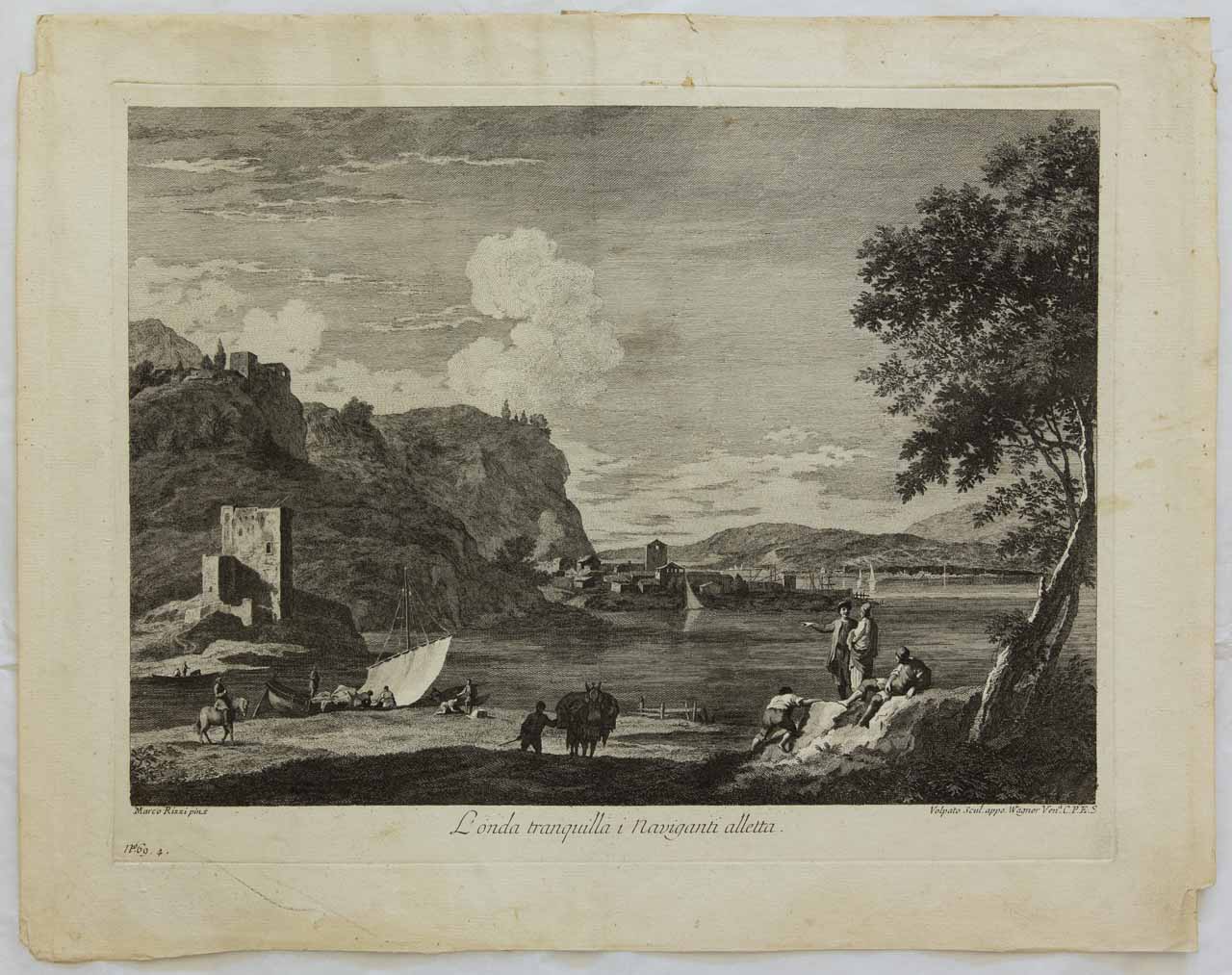 L'onda tranquilla i Naviganti alletta, Paesaggio con naviganti (stampa, serie) di Ricci Marco, Volpato Giovanni - ambito veneto (terzo quarto XVIII)