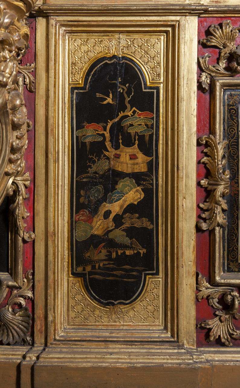 paesaggio con pagoda, fiume e airone (pannello dipinto, elemento d'insieme) di Juvarra Filippo, Massa Pietro (secondo quarto sec. XVIII)