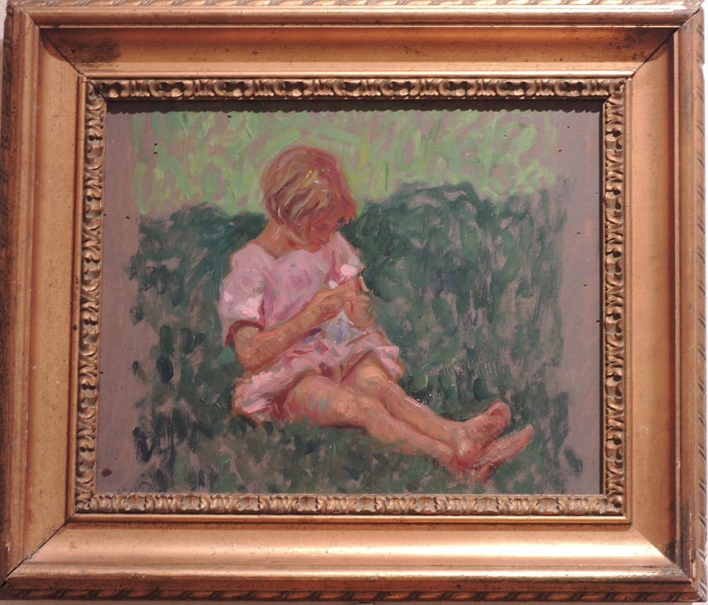 Vittoria che lavora con la lana ( Vittoria che cuce), Figura di bambina (dipinto) di Giorgio Kienerk (sec. XX)