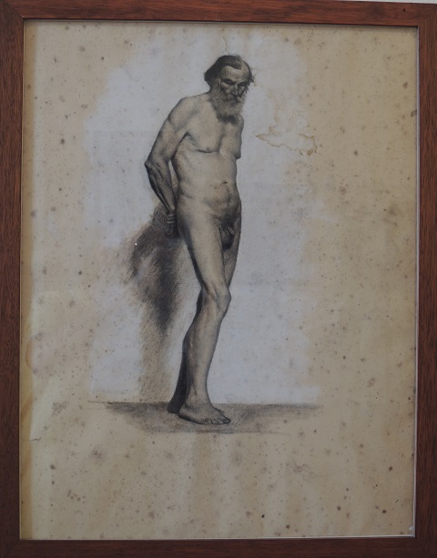 Nudo di vecchio con sguardo abbassato, Figura maschile (disegno) di Kienerk Giorgio (sec. XIX)