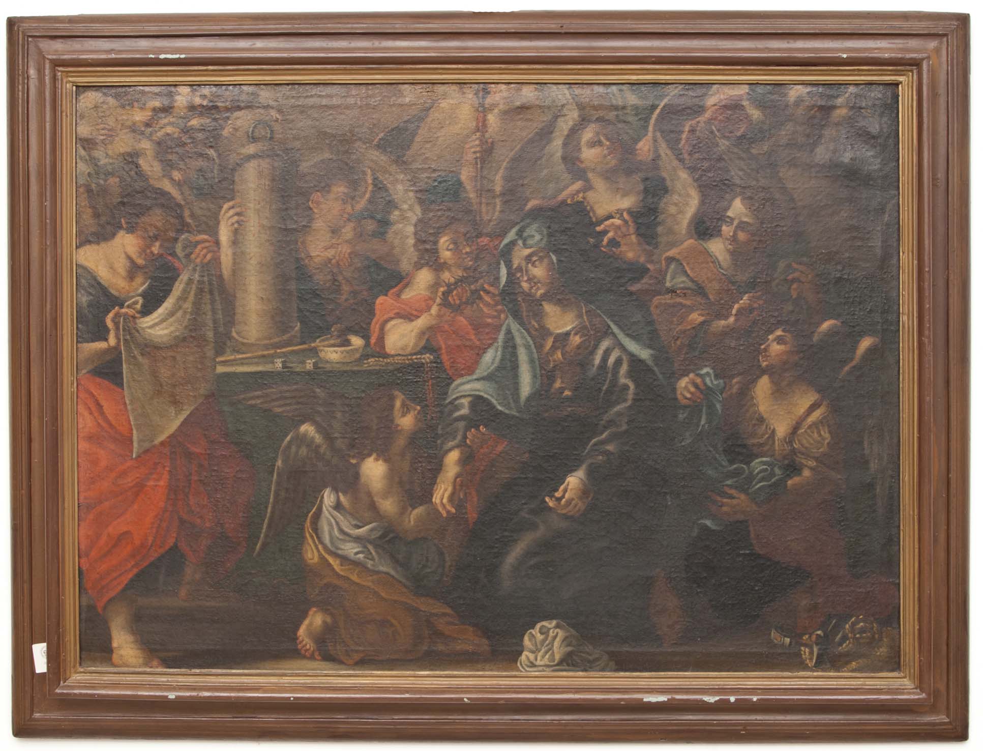 MADONNA ADDOLORATA CON ANGELI E SIMBOLI DELLA PASSIONE (dipinto - dipinto su tela, opera isolata) di Ignoto (maniera) - ambito Italia meridionale (XVIII)