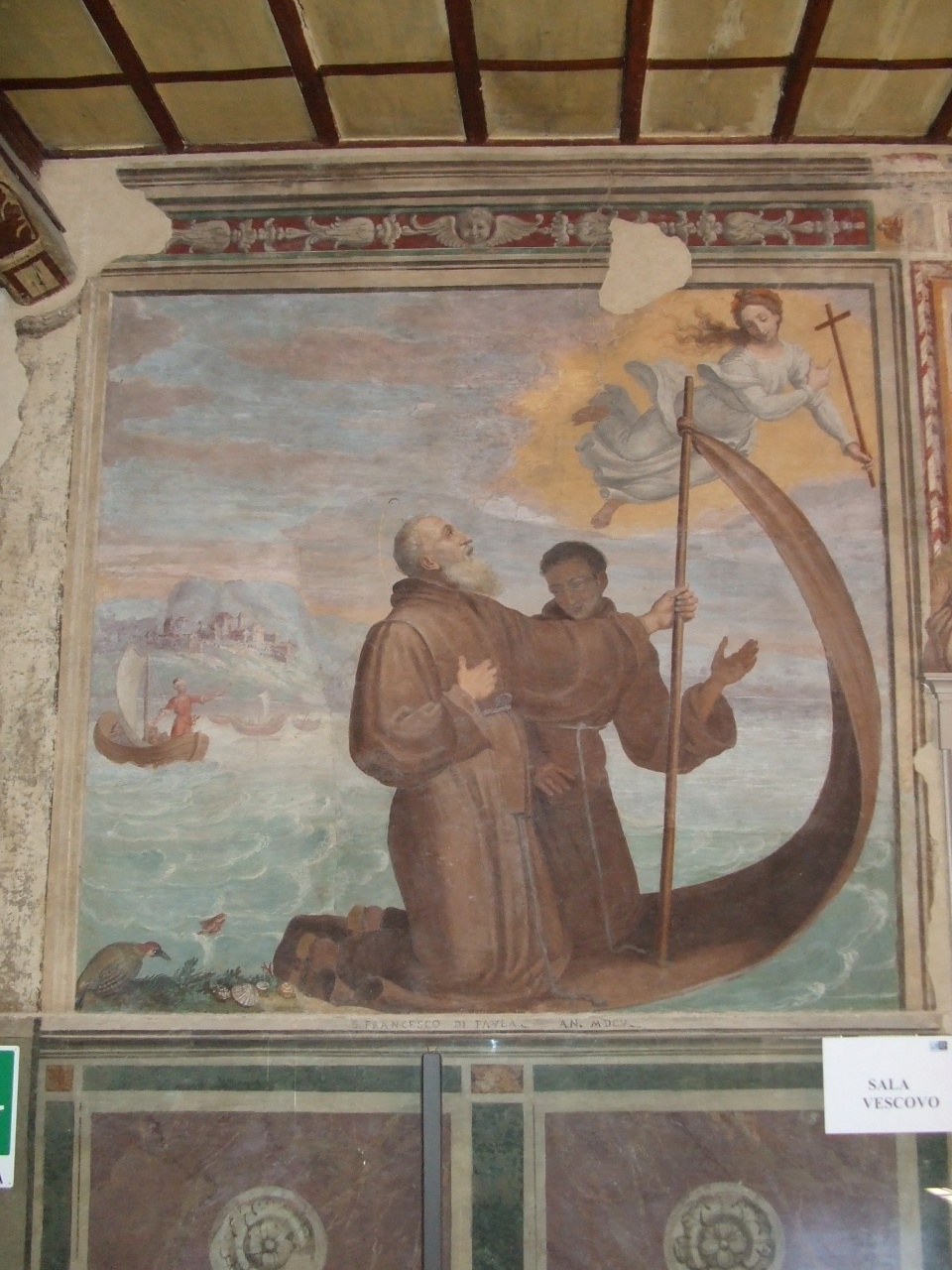 San Francesco di Paola attraversa lo stretto di Messina sul suo mantello (dipinto murale) di Ciocchi Ulisse (attribuito) (sec. XVII)
