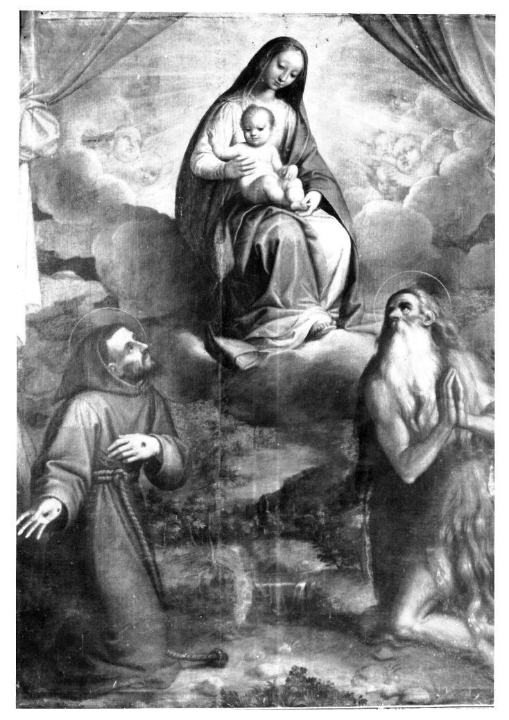 Madonna con bambino tra S. Francesco e S. Onofrio (dipinto, opera isolata) di Durante, Alberto (fine Sec. XVI)