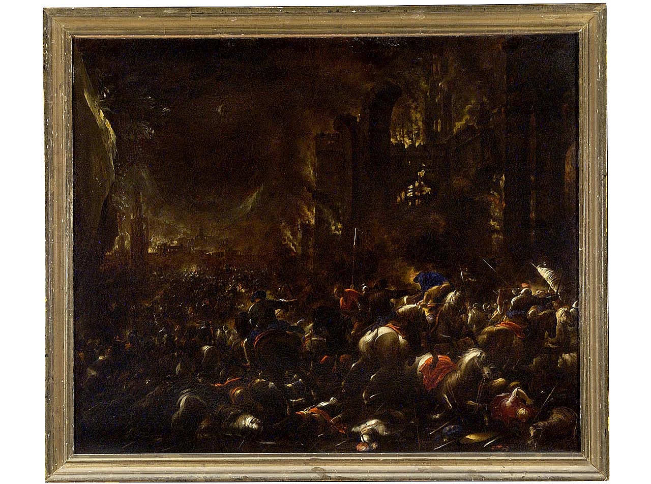battaglia con città in fiamme (dipinto) di Stom Matteo (sec. XVII)