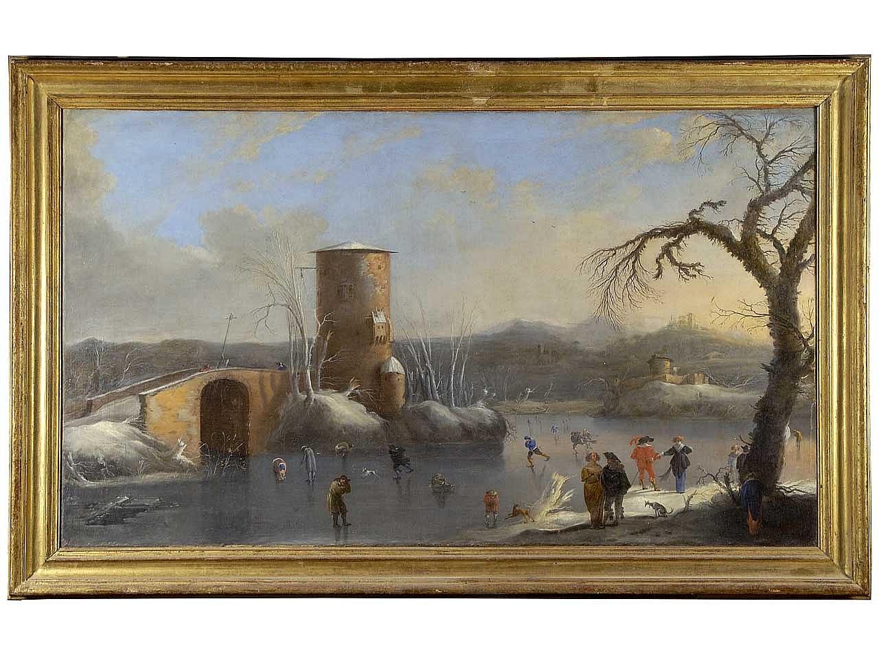paesaggio invernale con lago ghiacciato e figure (dipinto) di Marinari Onorio (attribuito) (seconda metà sec. XVII)