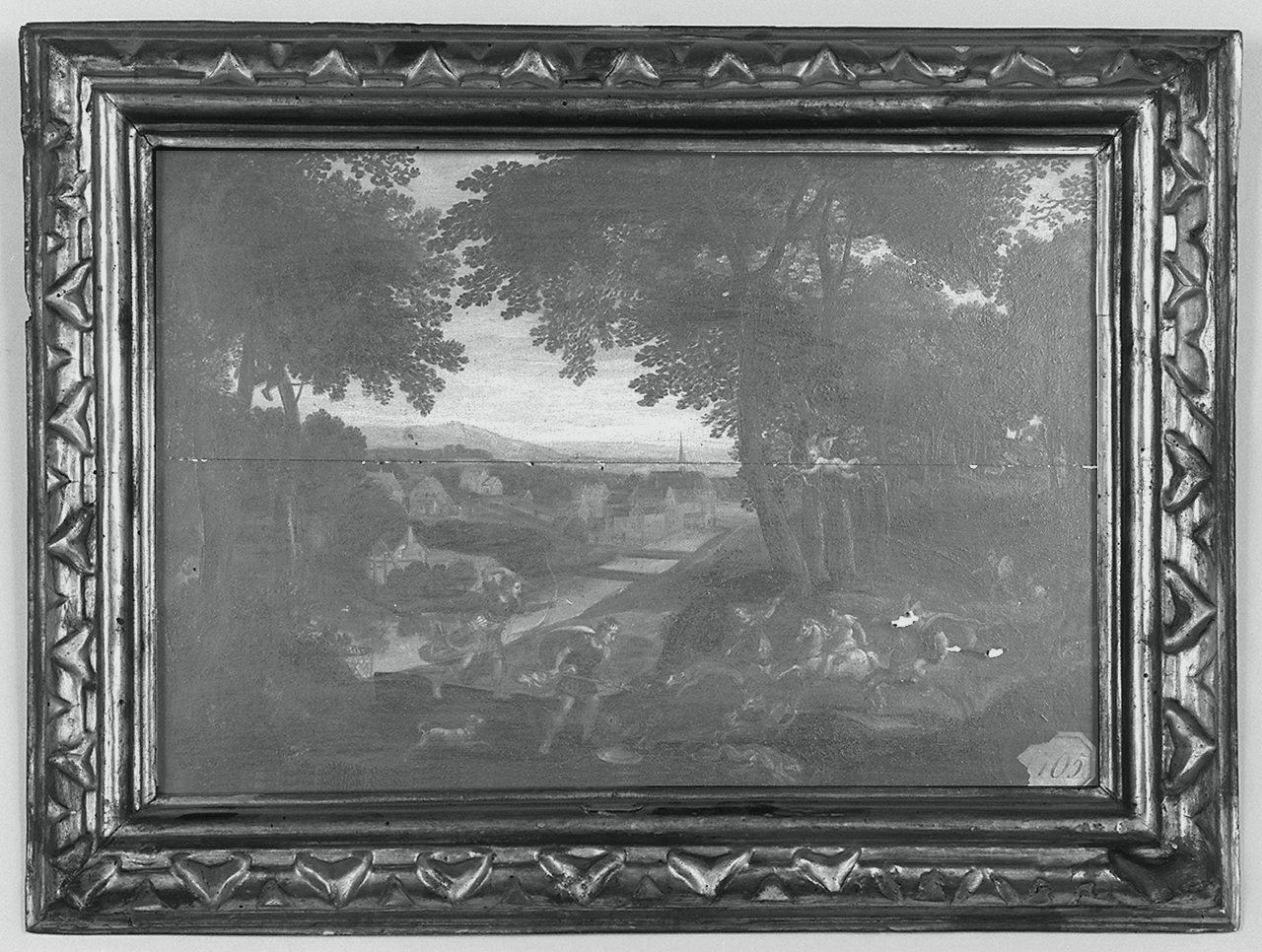 paesaggio con scena di caccia (dipinto) - ambito olandese (fine/ inizio secc. XVI/ XVII)