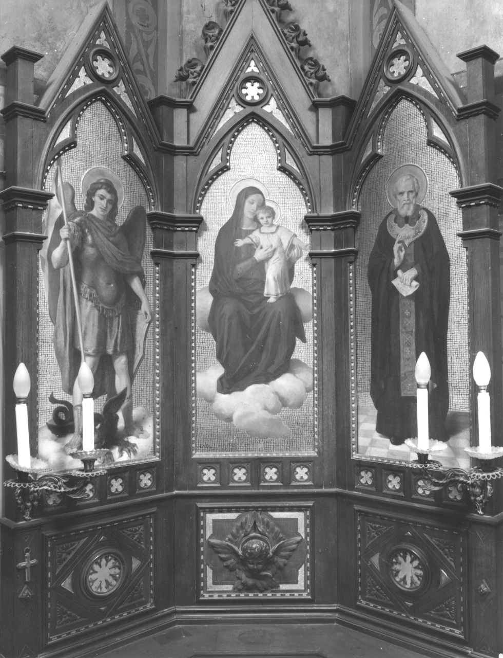 Madonna con Bambino con San Giorgio e San Nicola taumaturgo (trittico) di De Sanctis Guglielmo (sec. XIX)