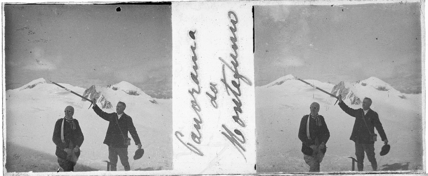 Uomini sulla neve sullo sfondo di un paesaggio montuoso (positivo stereoscopico) di Anonimo (XX)