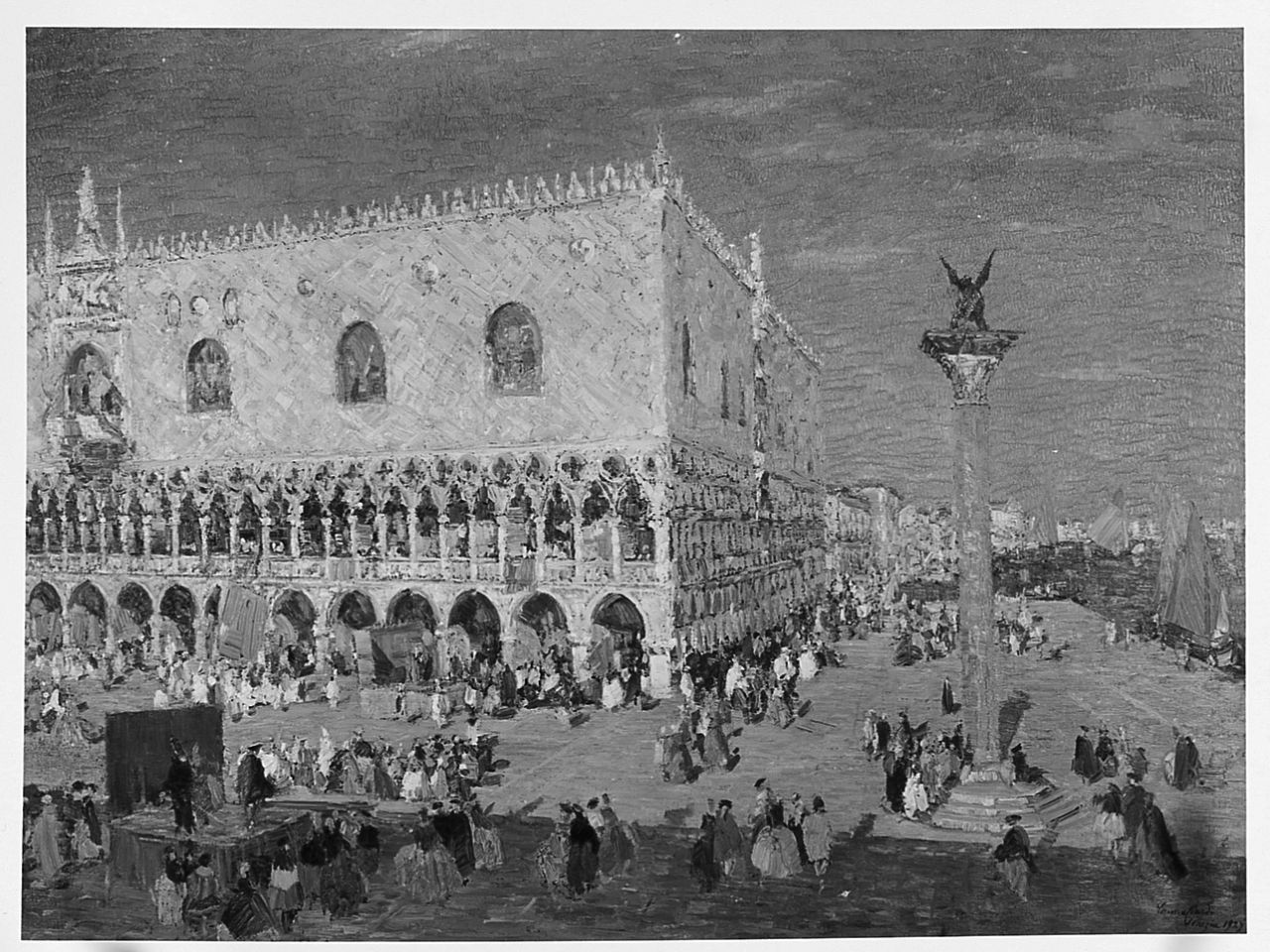 Carnevale in piazzetta, veduta di Venezia (dipinto) di Ciardi Emma (sec. XX)