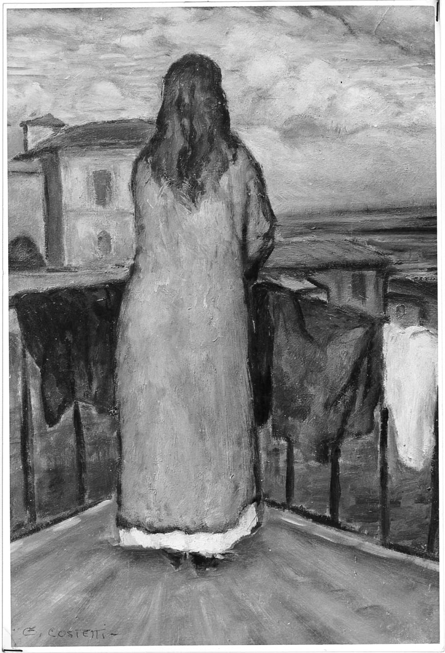 Ragazza al balcone (alla terrazza), figura femminile al balcone (dipinto) di Costetti Giovanni (sec. XX)
