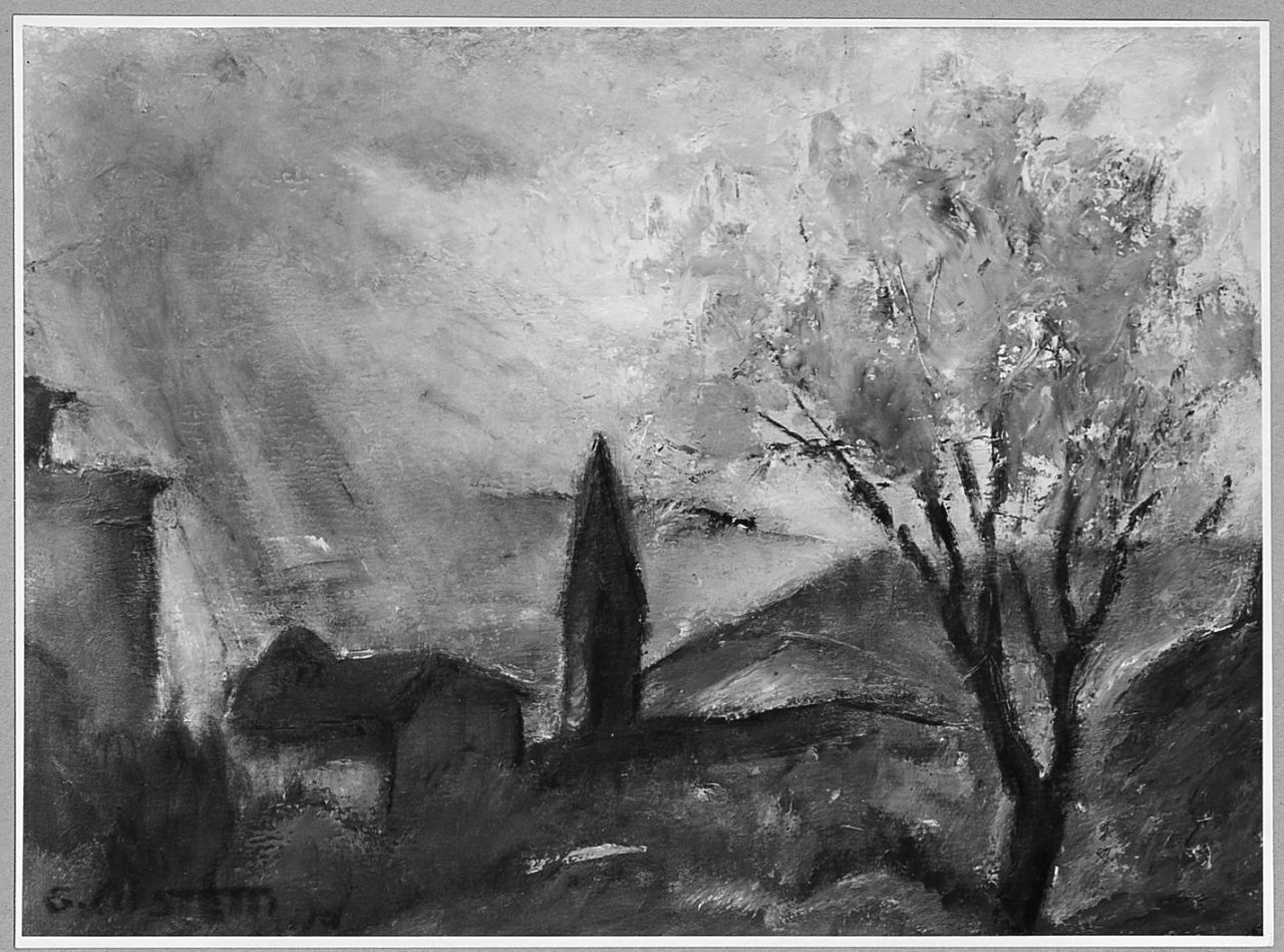 Paese con alberi, paesaggio con edifici e alberi (dipinto) di Costetti Giovanni (sec. XX)
