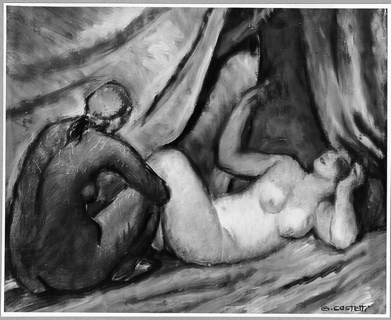 Nudi sotto la tenda, figure nude (dipinto) di Costetti Giovanni (sec. XX)