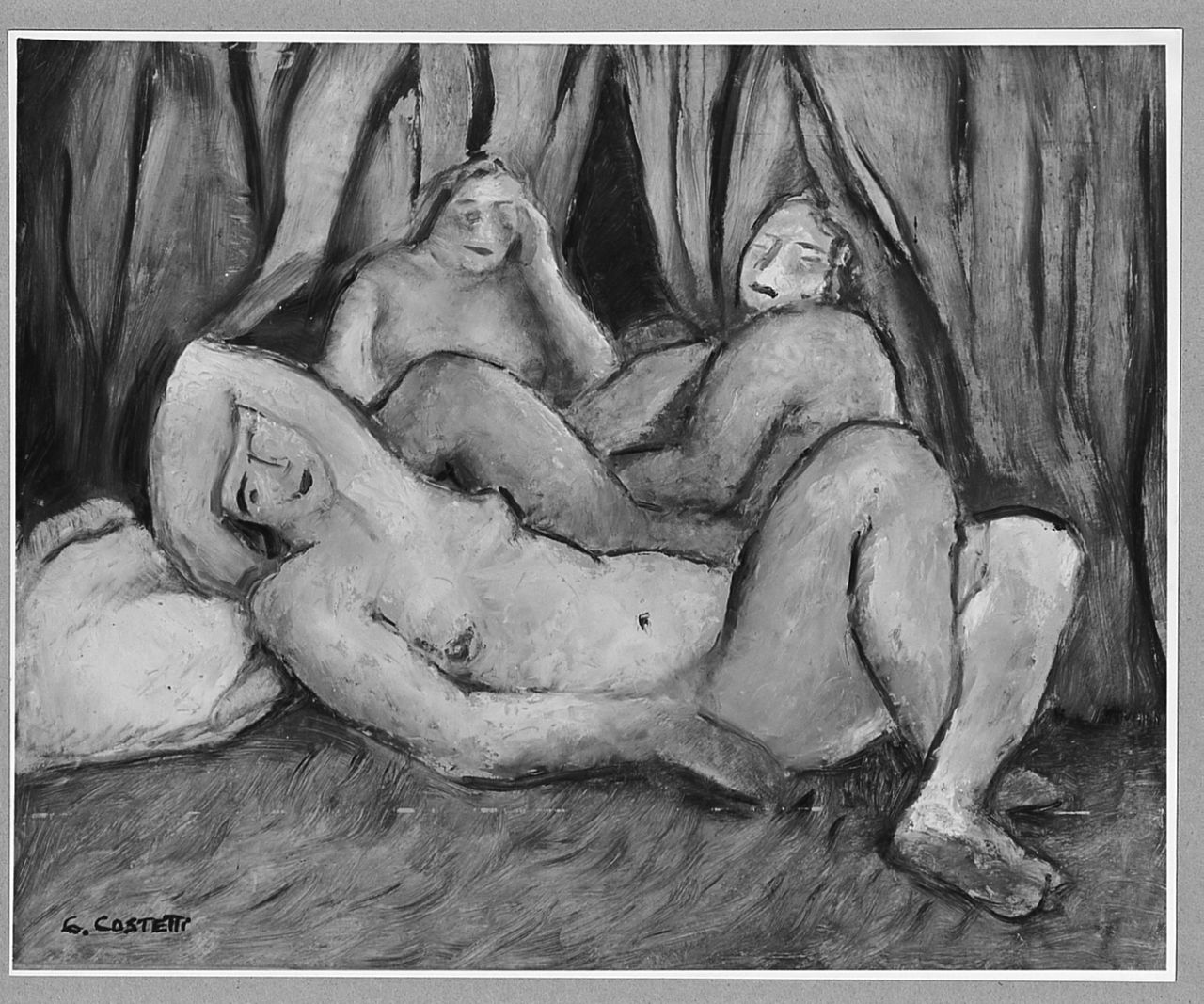 Nudi sotto la tenda, figure nude (dipinto) di Costetti Giovanni (sec. XX)