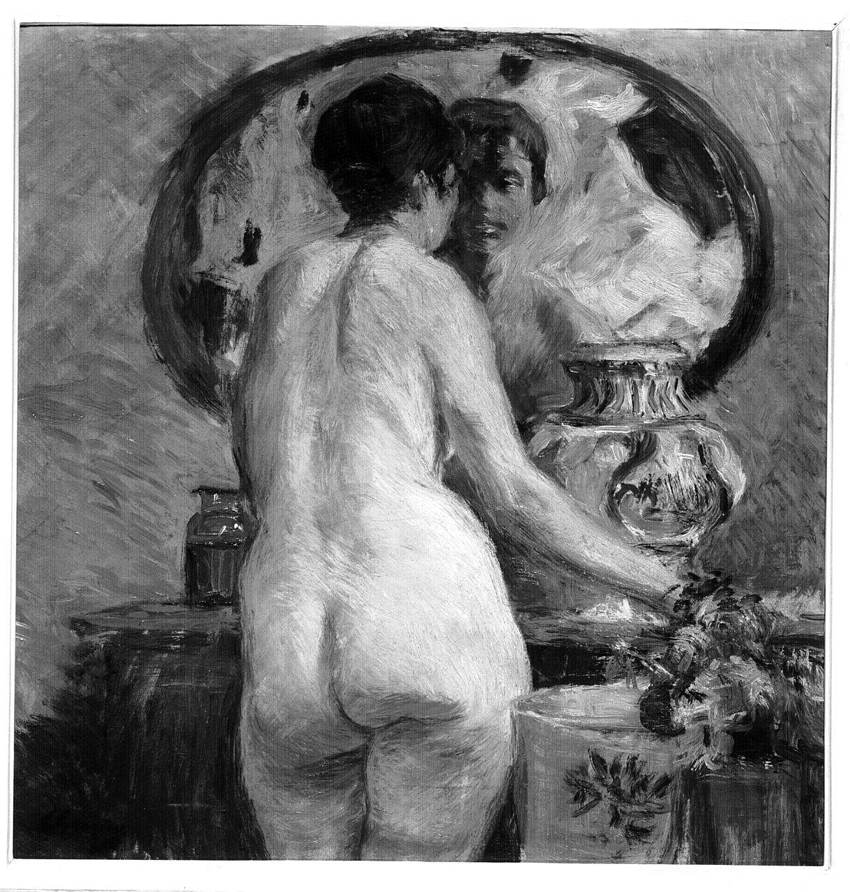 Nudo femminile allo specchio, figura femminile nuda (dipinto) di Graziosi Giuseppe (sec. XX)