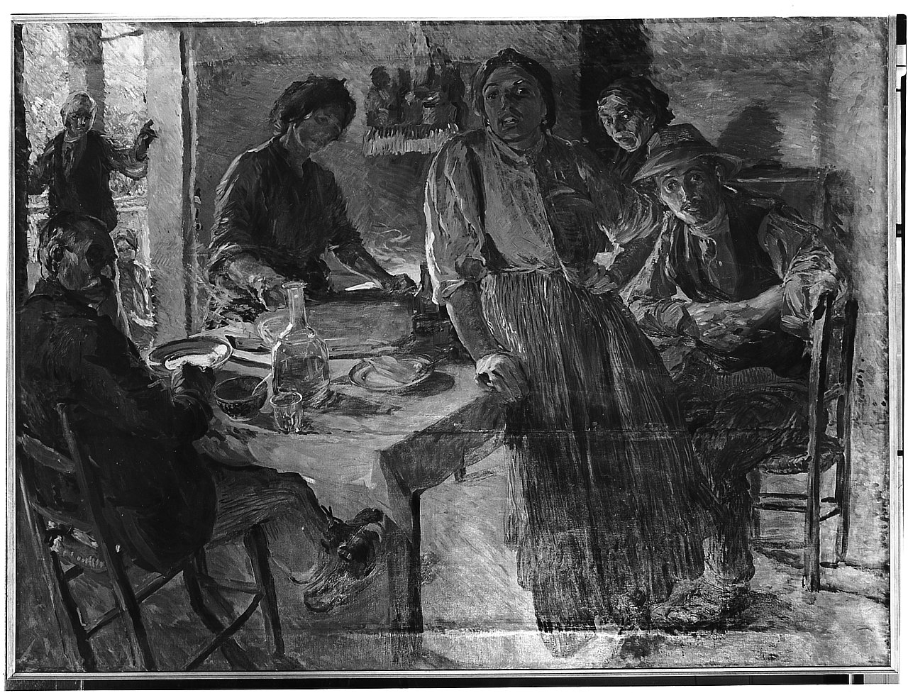 La famiglia intorno alla polenta, famiglia di contadini (dipinto) di Graziosi Giuseppe (sec. XX)