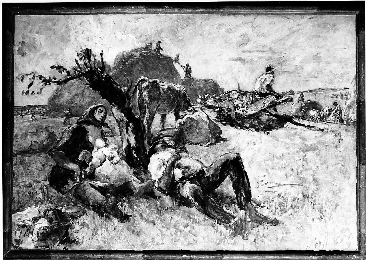 La battaglia del grano, scena campestre con figure (dipinto) di Graziosi Giuseppe (sec. XX)