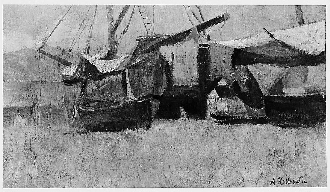 veduta di un porto, paesaggio marino con barche (dipinto) di Hollaender Alfonso (sec. XX)
