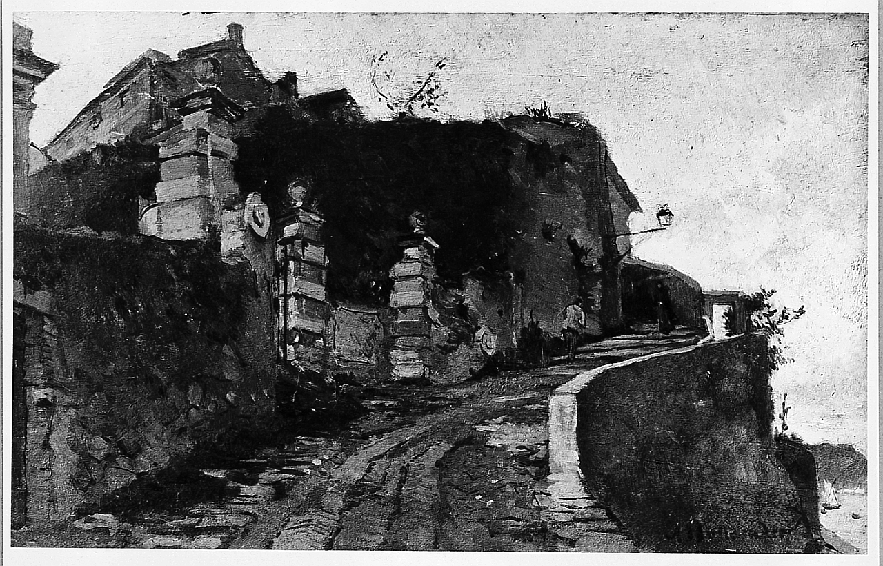 Strada in salita, veduta di strada (dipinto) di Hollaender Alfonso (sec. XX)