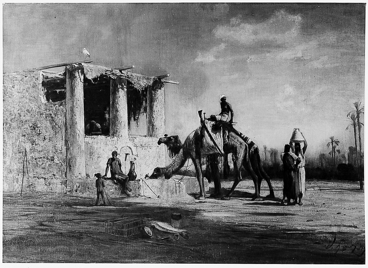 Cammelli all'abbeverata, paesaggio con figure e cammelli (dipinto) di Huguet Victor Pierre (sec. XIX)