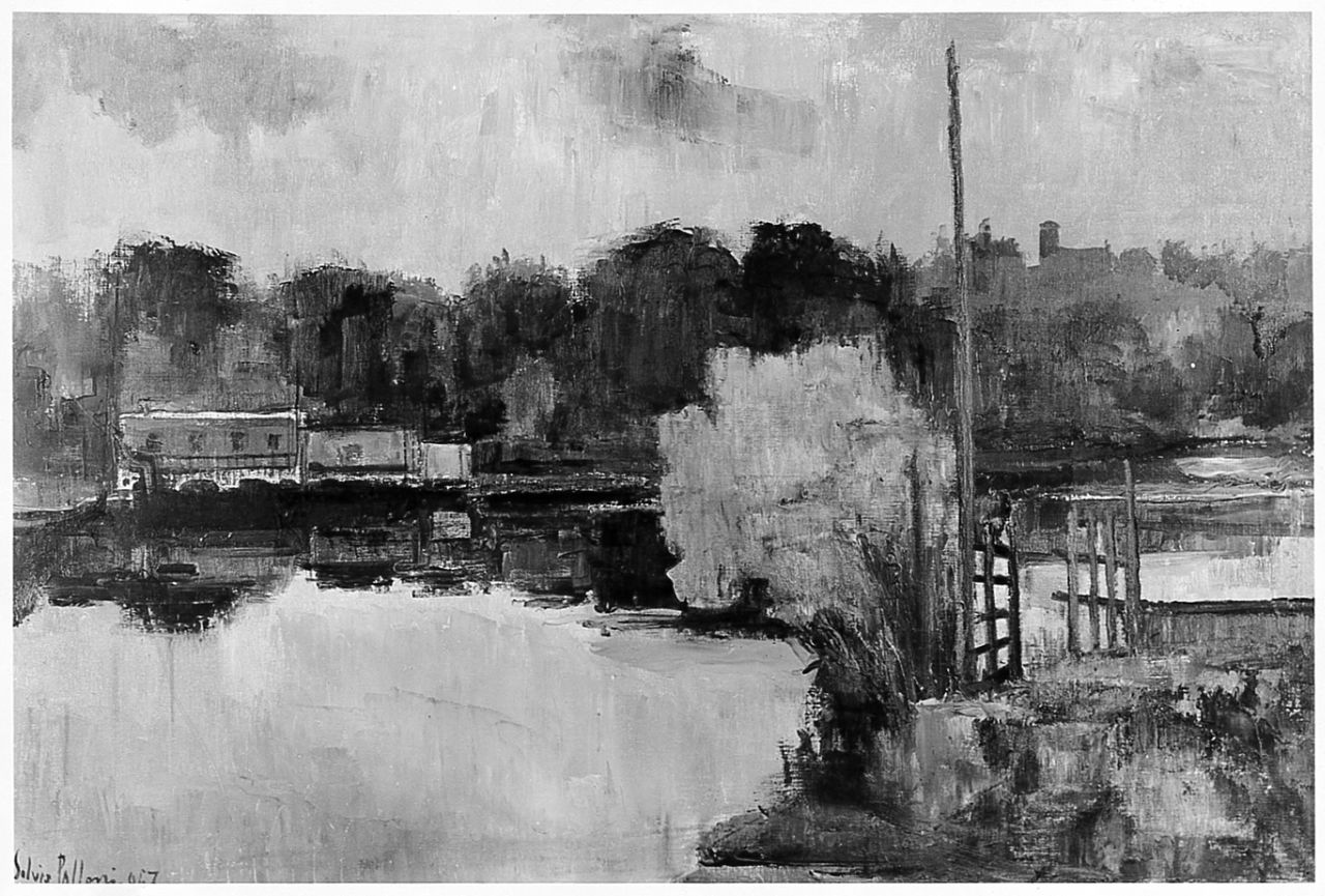 L'Arno a Bellariva, paesaggio fluviale (dipinto) di Polloni Silvio (sec. XX)